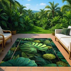 May include: A rectangular outdoor rug featuring a lush green tropical leaf design with a gold border. The rug showcases large monstera leaves and ferns, creating a vibrant, natural aesthetic. The rug is placed on a tiled patio with a view of a tropical garden.