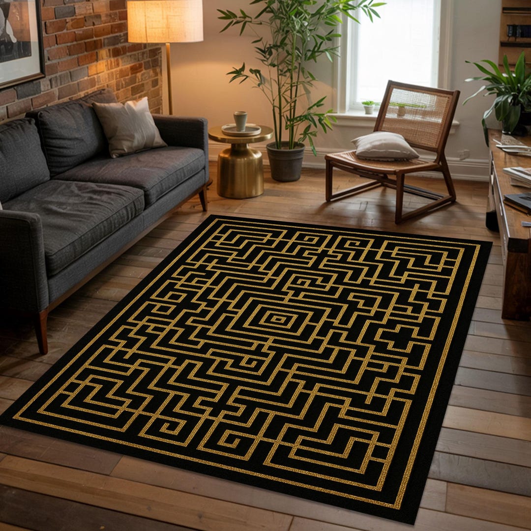 Labyrinth Mat Maze Area Rug, Art Deco Maze Rug, Optical Rug, Golden Labyrinth Mat ...
