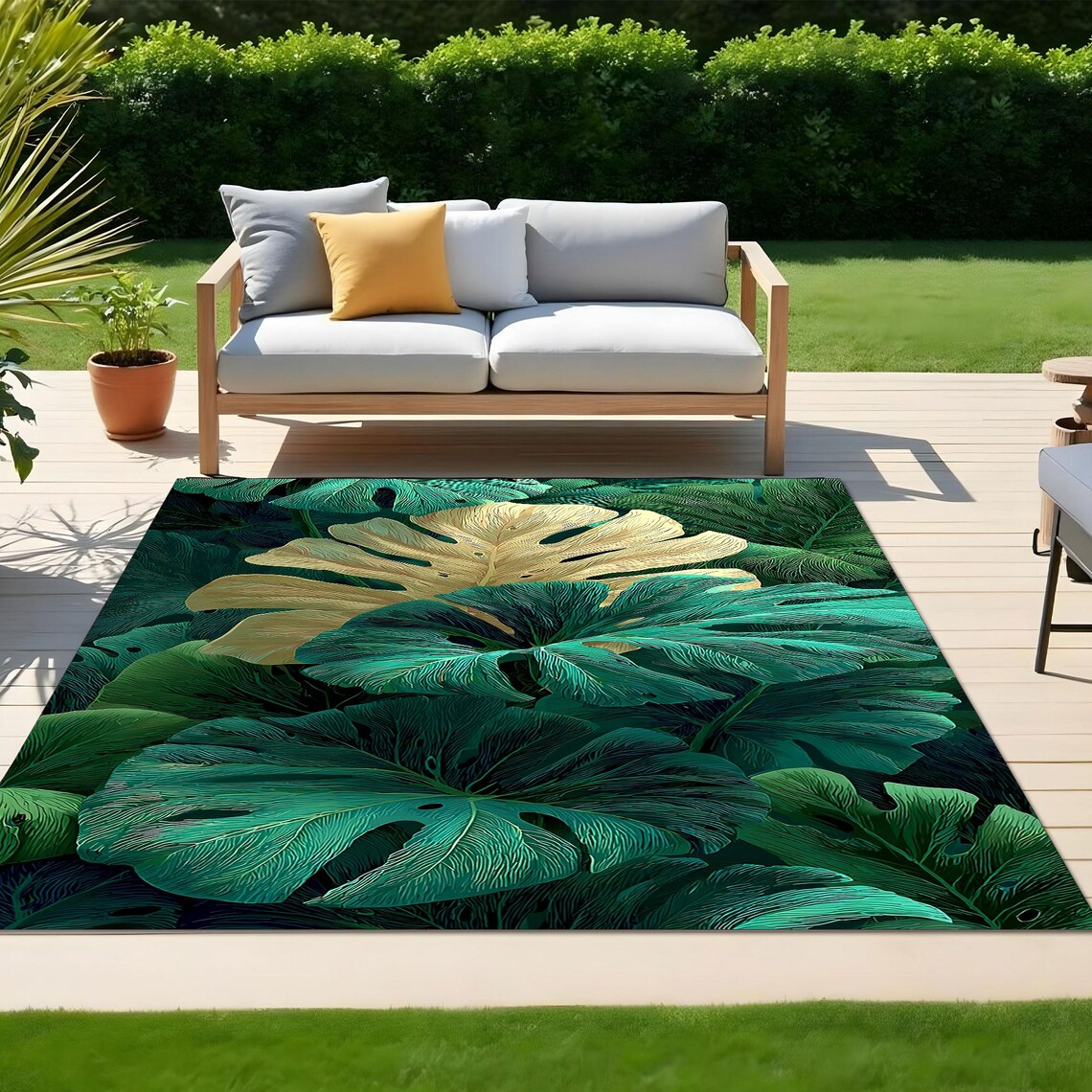 Outdoor Tropical Leaf Rug, Green Gold Botanical Patio Deck Carpet ...