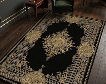 Dark Academia Rug Black Gold Gothic Carpet Victorian Baroque Medallion Rug Moody Home Decor Luxury Statement Living Room Rug