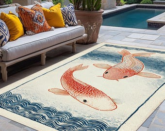 Japanese Koi Fish Outdoor Rug, Elegant Washable Patio Carpet, Weatherproof Garden Mat, Coastal Balcony Decor, Asian Style Deck Floor Accent