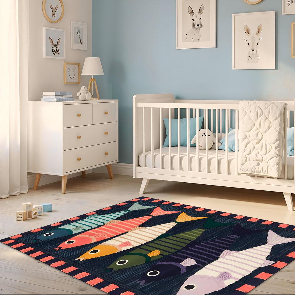 Colorful Fish Rug, Vibrant Striped Fish Design on Navy Background With ...