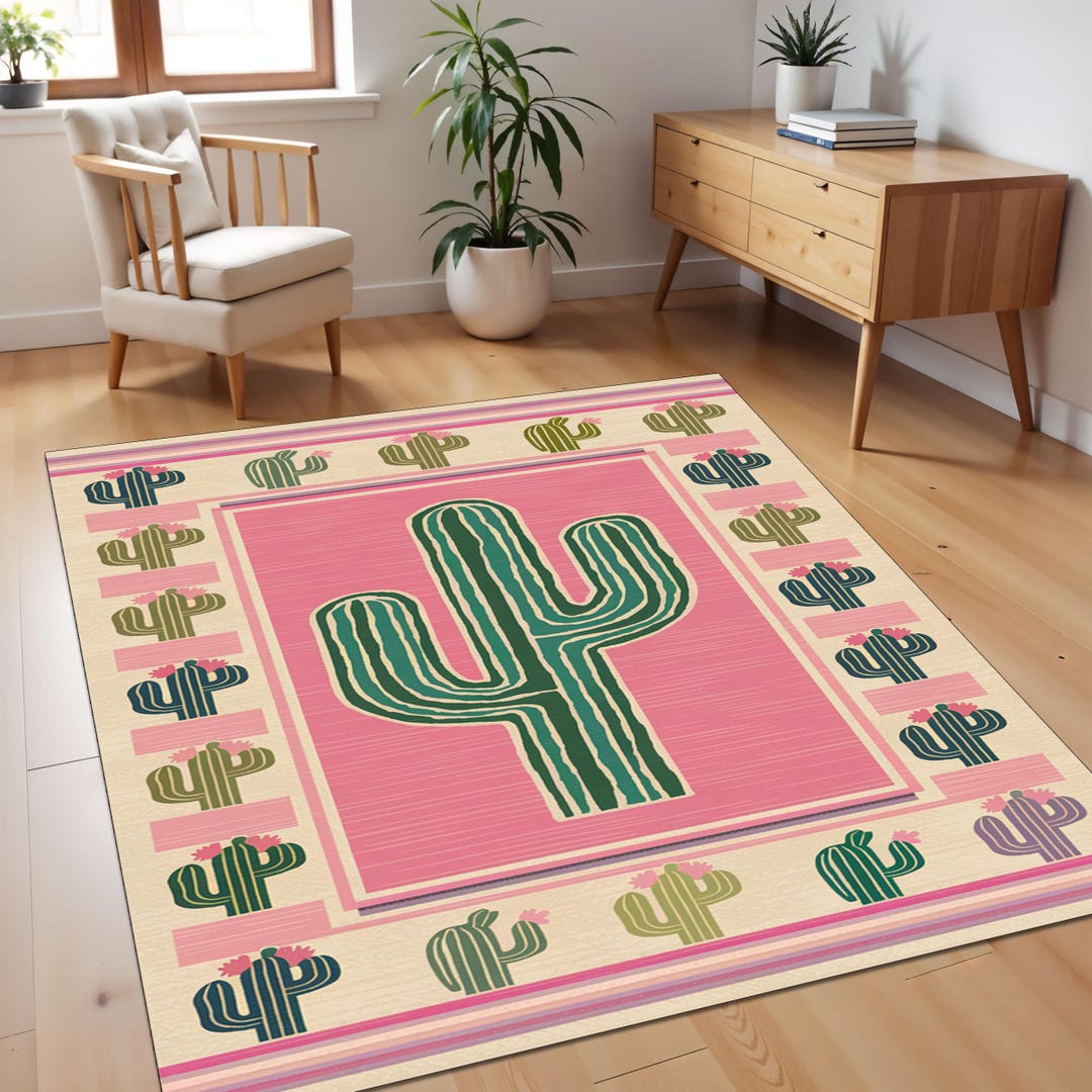 Cactus Pattern Rug, Western Desert Decor, Boho Southwest Carpet, Rustic ...