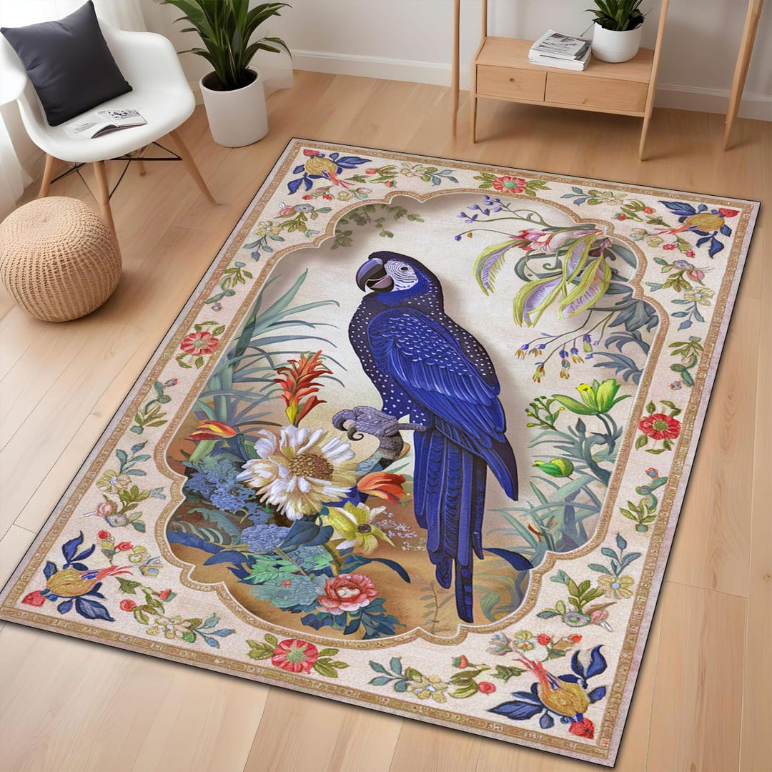 Vasa Parrot Rug Exotic Parrot Rug – Botanical Floral & Animal Rug, Elegant Tropical ...