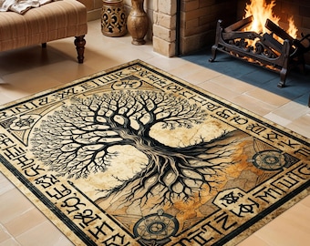 Yggdrasil Tree of Life Rug, Nordic Mythology Rug, Viking Runes Floor Mat, Ancient Norse Home Decor, Mystic Pagan Wall Hanging Accent