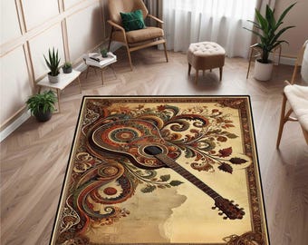 Retro Guitar Persian Style Rug, Guitar Themed Oriental Rug, Ideal