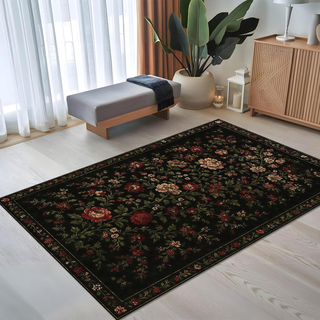 Traditional Floral Rug, Black Flower Carpet, Red Beige Blossom Rug ...