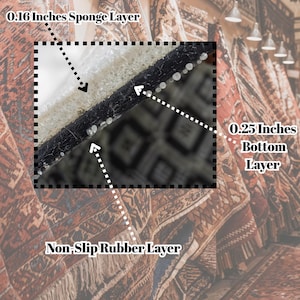 May include: Close-up of a rug's underside showing three layers: a 0.16 inches sponge layer, a 0.25 inches bottom layer, and a non-slip rubber layer.