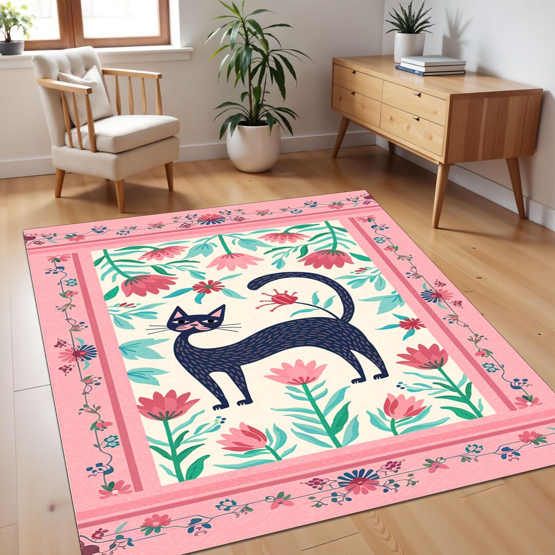 Boho Cat Rug – Floral Patterned Kitty Rug – Aesthetic Pink Cat Mat ...