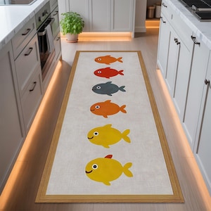 Fish Runner Rug, Kitchen Runner Carpet, Coastal Fish Mat, Colorful Cooking Rug, Playful Kitchen Decor, Long Ocean Rug, Cute Fish Floor Mat