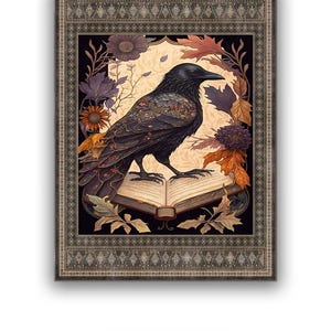 May include: A black raven perched on an open book with autumn leaves and flowers surrounding it. The image is framed with a decorative border.