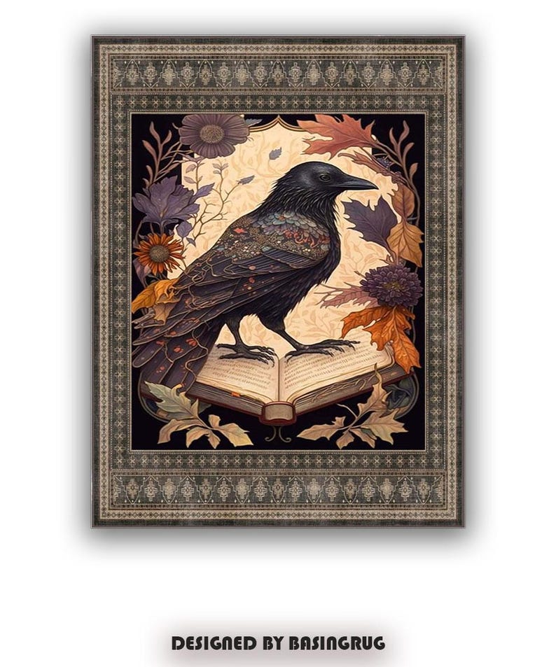 May include: A black raven perched on an open book with autumn leaves and flowers surrounding it. The image is framed with a decorative border.