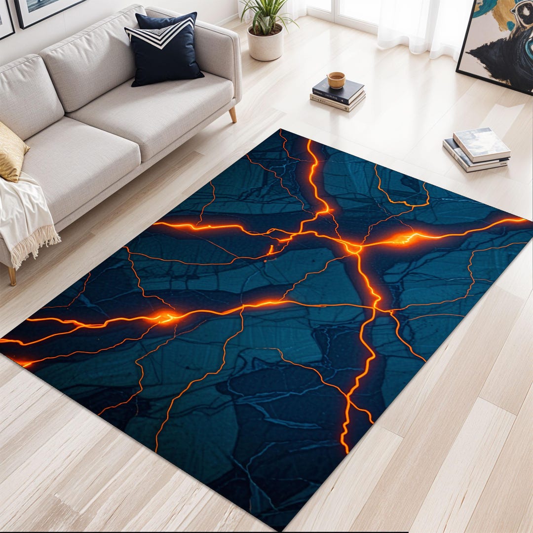 Abstract Blue Lava Crack Rug, Glowing Lightning Effect Marble Rug ...