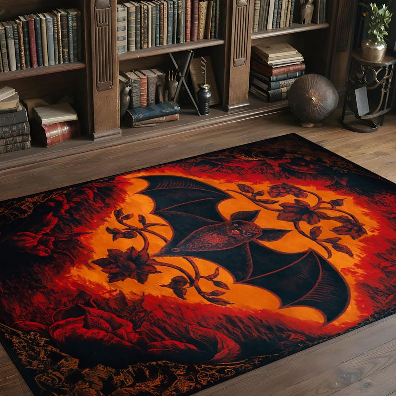 Bat Design Rug, Gothic Room Decor, Dark Academia, Maximalist Home Decor image 4