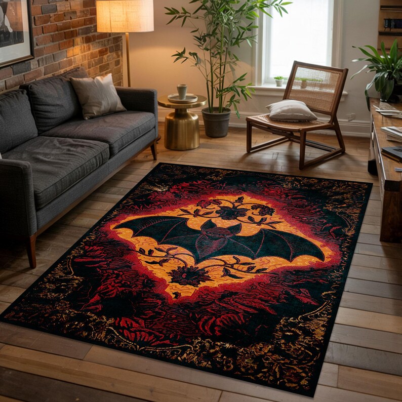 Bat Design Rug, Gothic Room Decor, Dark Academia, Maximalist Home Decor Bat-1