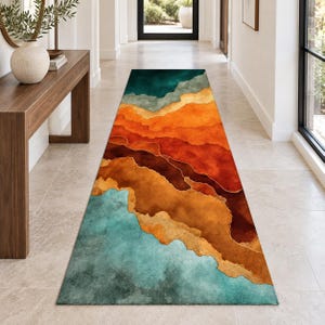 Orange Teal Abstract Runner Rug, Agate Inspired Layers in Rust and Emerald, Colorful Hallway Carpet for Modern Entryway