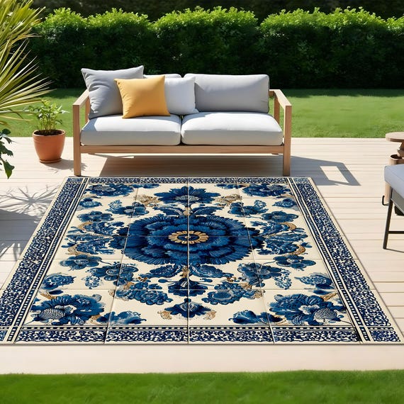 Large Outdoor Patio Rug with Blue White Mediterranean Tile Design – Weatherproof, Easy to Clean, Washable,Non Slip Backed Garden Deck Carpet