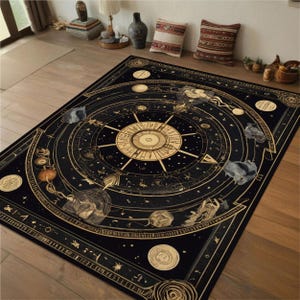 Alfombra del Zodíaco Místico: Alfombra dorada de temática celestial para interiores bohemios, regalos astrológicos y detalles estelares, alfombra con un regalo espiritual.