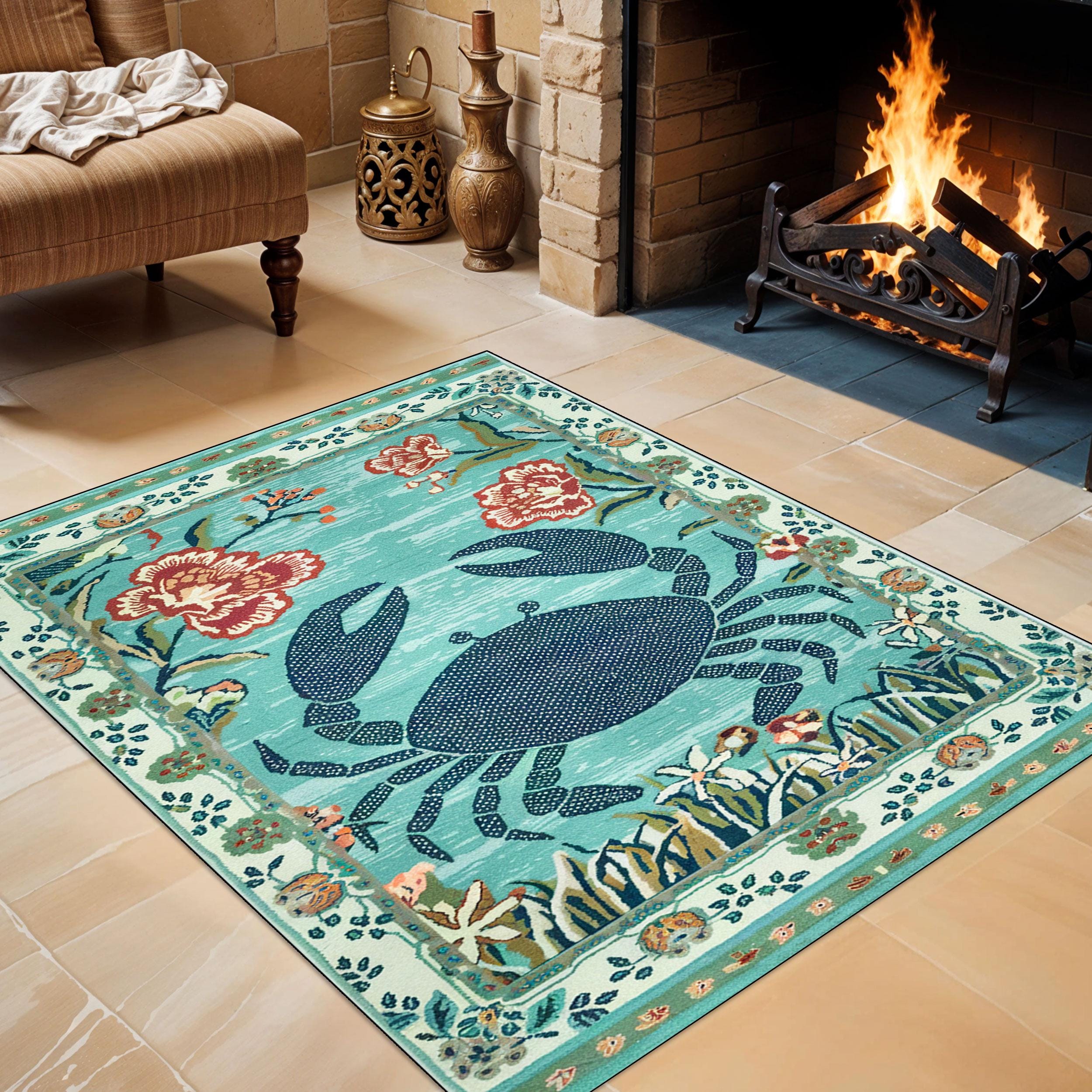 Turquoise Crab Rug, Coastal Nautical Carpet, Washable Ocean Kitchen Mat ...