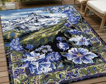 Artistic Mountain Floral Area Rug, Nature Landscape Statement Decor
