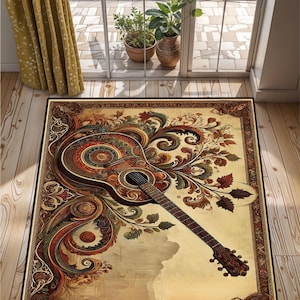 May include: A beige area rug with a brown, gold, and green floral pattern. A stylized guitar is featured in the center of the rug.