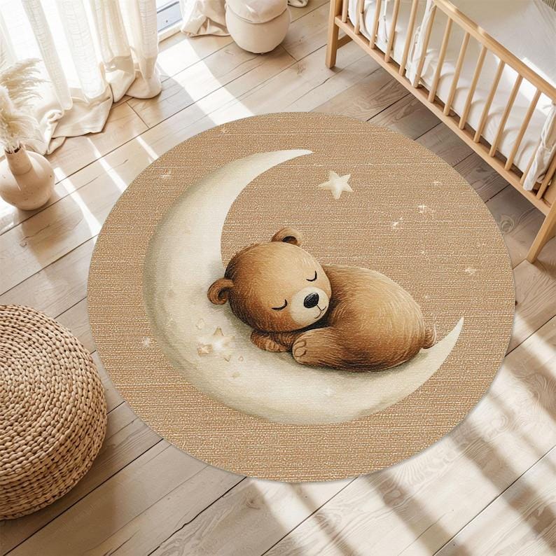 Sleeping Bear Nursery Rug, Moon and Stars Baby Carpet, Soft Washable ...
