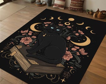 Black Cat Moon Rug Mystical Witchy Decor, Celestial Floral Carpet For Living Room Bedroom Gift, Gothic Moon Phase Aesthetic Rug