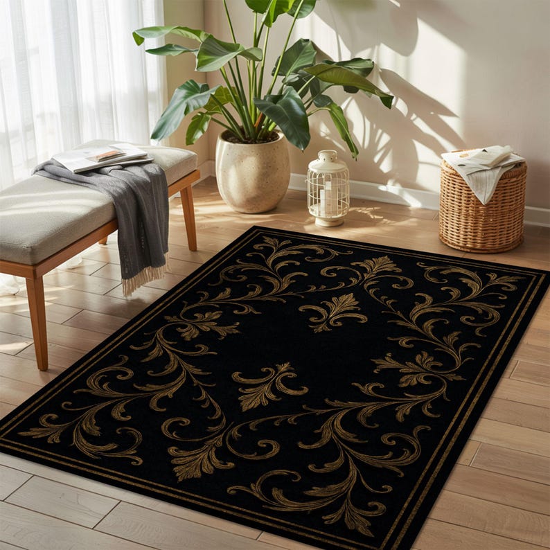 Baroque Rug, Gothic Decor Rug, Black Gold Floor Mat, Elegant Room ...