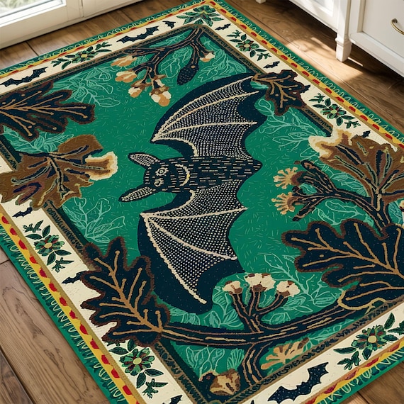 Gothic Rug, Bat Rug, Dark Academia Rug, Botanical Rug, Mysterious Rug, Living Room Rug, Bedroom Rug, Green Rug, Vintage Rug, Dark Theme Rug