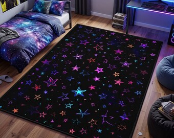Galaxy Star Rug, Colorful Neon Space Carpet, Gaming Room Bedroom Decor, Washable Non Slip Indoor Outdoor Area Rug