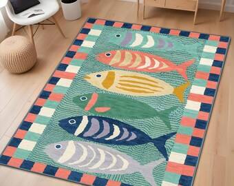 魚柄ラグ、海辺のインテリア、トロピカルな海洋生物のマット - Etsy 日本