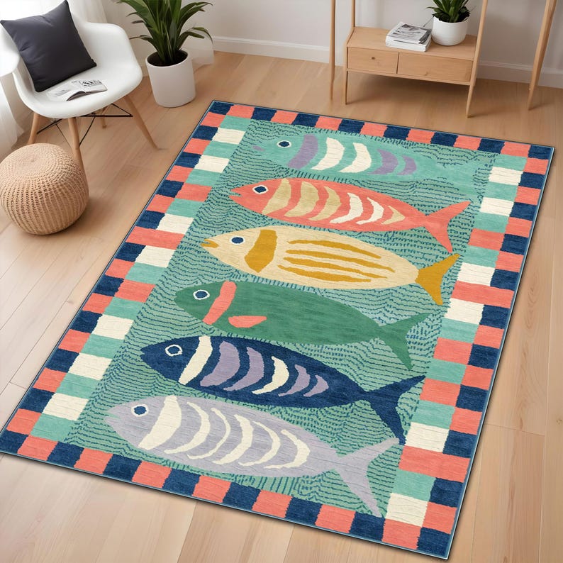 Fish Pattern Rug, Nautical Coastal Decor, Tropical Marine Life Mat - Etsy