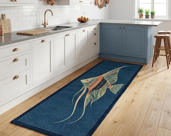 Fish Runner Rug, Angelfish Runner Rug, Blue Tropical Fish Carpet, Coastal Kitchen Hallway Decor, Beach House, Washable Non Slip Rug