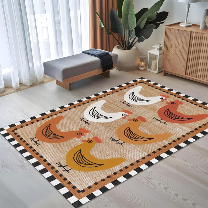 Farmhouse Chicken Rug – Rustic Kitchen Mat – Folk Hen Carpet – Country ...