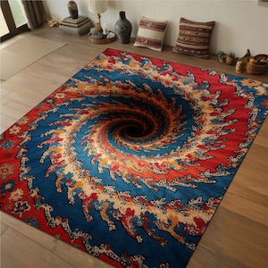 Op de afbeelding: Een kleurrijk tapijt met een draaiend patroon dat de illusie van een zwart gat creëert. Het tapijt heeft tinten van rood, oranje, geel, blauw en wit.