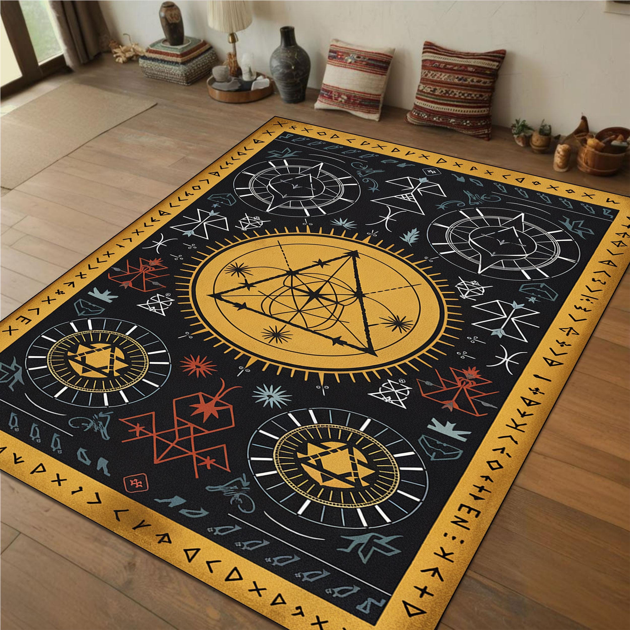 Mystical Rune Rug - Occult Alchemy Sigil Symbols, Sacred Geometry Magic Rug, Witchy Gothic Home Decor,  Spiritual & Metaphysical Decor Rug