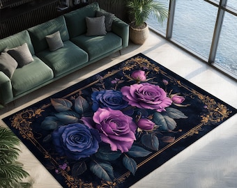 Dark Gothic Black Rug With Purple Blue Roses, Elegant Baroque Floral Area Carpet, Gold Border Indoor Decor, Living Room Aesthetic Floor Mat