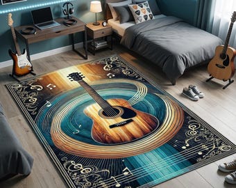Dywan z gitarą akustyczną, dywan z nutami w stylu retro, dekoracja studia muzycznego, prezent dla miłośnika gitary, zmywalny dywan antypoślizgowy