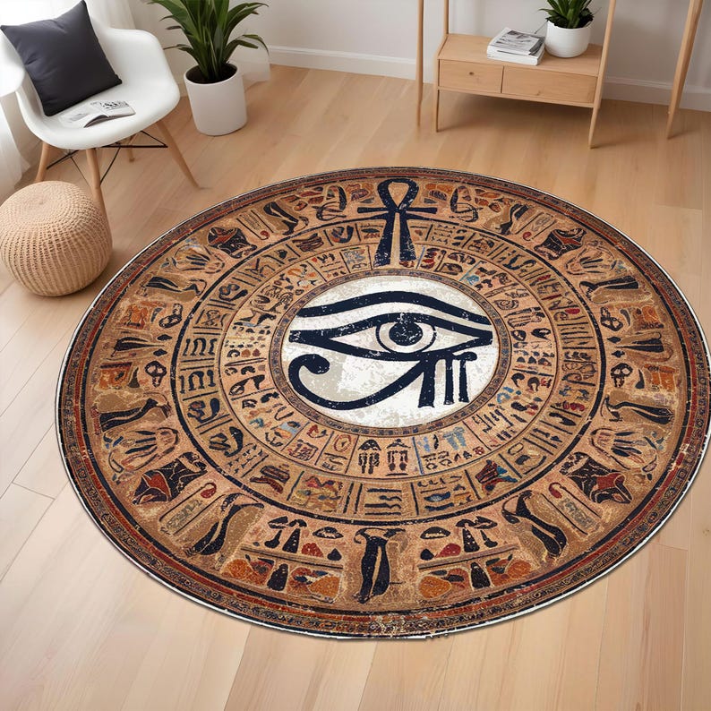 Ancient Egyptian Eye Rug, Hieroglyphic Round Rug, Spiritual Symbol Area ...