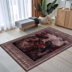 May include: A dark brown area rug with a vintage floral design featuring red roses and two black birds. The rug has a decorative border with a repeating pattern.