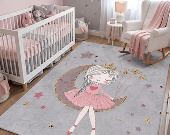 Princess Nursery Area Rug, Crescent Moon and Stars Carpet, Pink Girls Bedroom Playroom Decor, Washable Rug