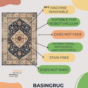 May include: A blue and beige patterned rug with a geometric design. The rug is machine washable, suitable for robot vacuums, stain-free, and does not fade or shed. It is also antibacterial, anti-allergenic, and anti-stress.