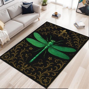 Dragonfly Rug, Green Insect Carpet, Gothic Nature Rug, Baroque Floor Mat, Black Background Rug, Botanical Bug Decor, Gold Leaf Pattern Rug