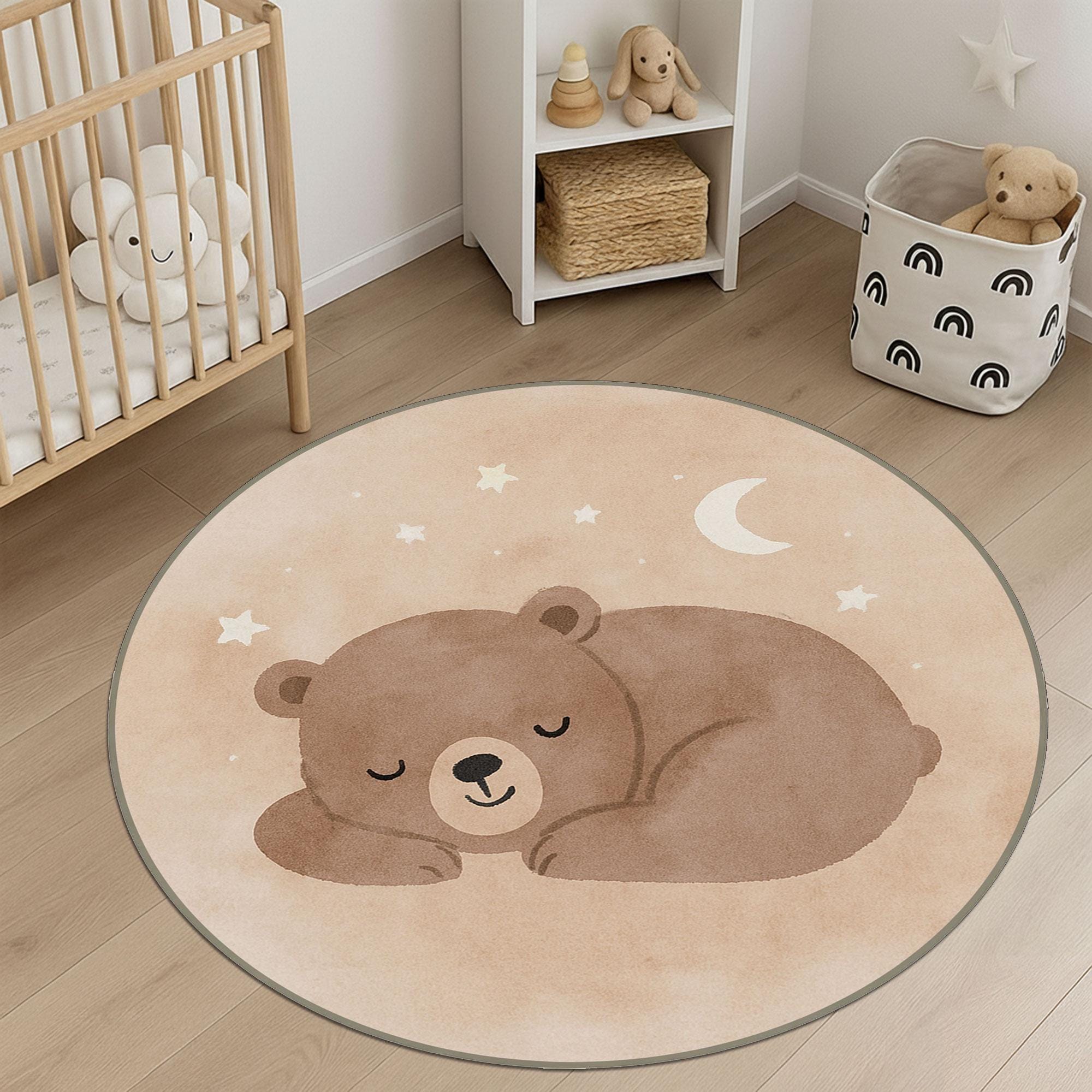 Sleeping Bear Nursery Rug, Moon and Stars Baby Carpet, Soft Washable ...