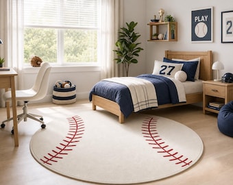 Baseball Round Rug, Sports Ball Area Carpet, Boys Teen Bedroom Playroom Decor, Washable Non Slip Indoor Outdoor Rug