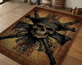 Gotisch schedelzwaardtapijt, barok piratentapijt, donkere Academia-schedelmat, occult gouden schedeldecortapijt, vintage skelet gekruist zwaarddeken