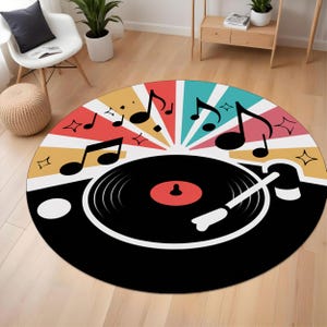 Alfombra redonda colorida con discos de vinilo y notas musicales: alfombra retro pop art para habitaciones de adolescentes, decoración para estudio de DJ y regalo para amantes de la música.