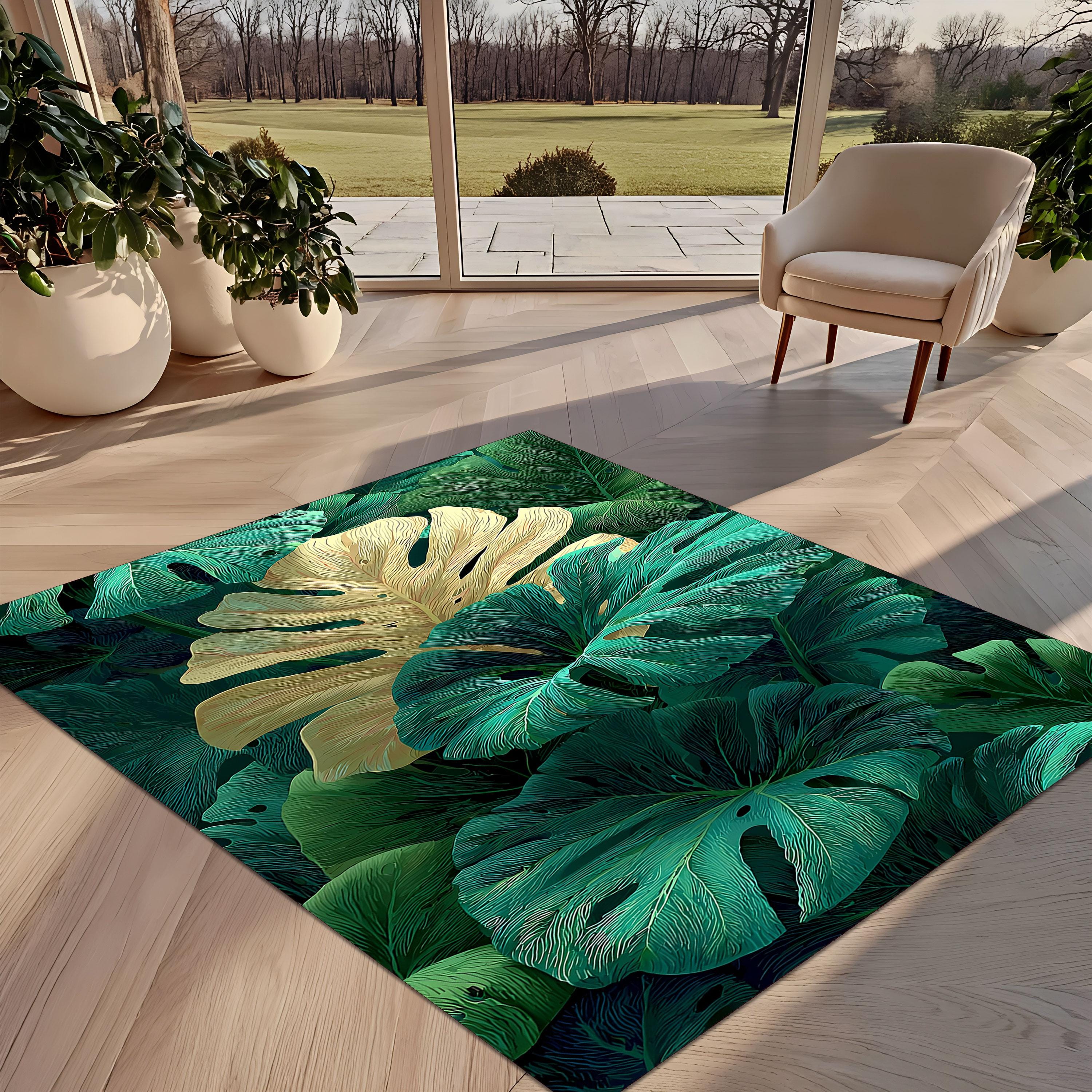 Outdoor Tropical Leaf Rug, Green Gold Botanical Patio Deck Carpet ...