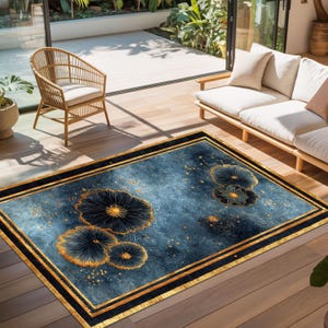 Op de afbeelding: Een rechthoekig vloerkleed met een blauw en goud bloemenpatroon. Het vloerkleed heeft grote, gestileerde bloemen in blauw- en goudtinten, tegen een getextureerde blauwe achtergrond. De rand is zwart met gouden accenten.