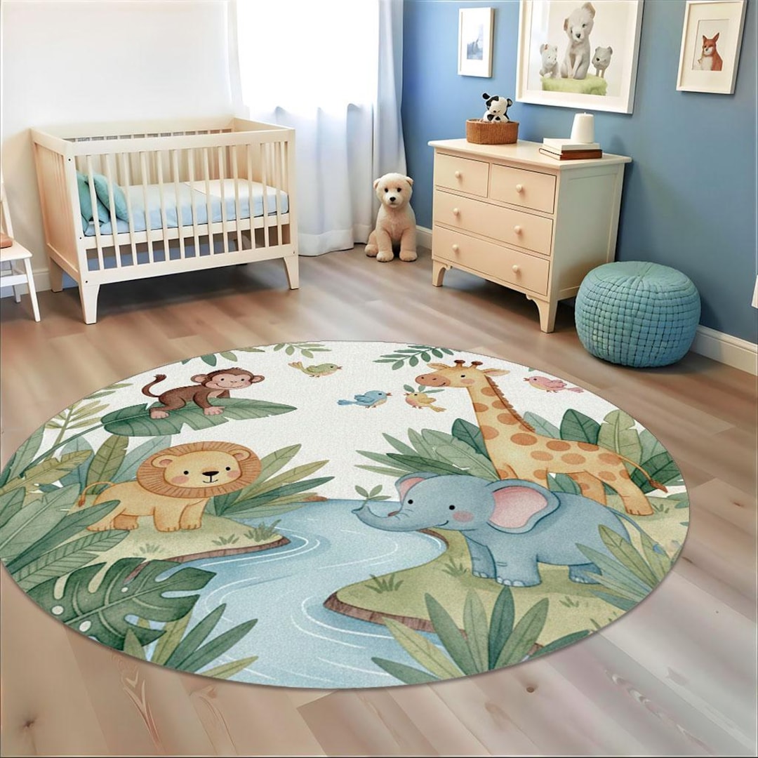 Safari Rug, Jungle Animals Carpet, Pastel Round Area Rug for Baby Room ...